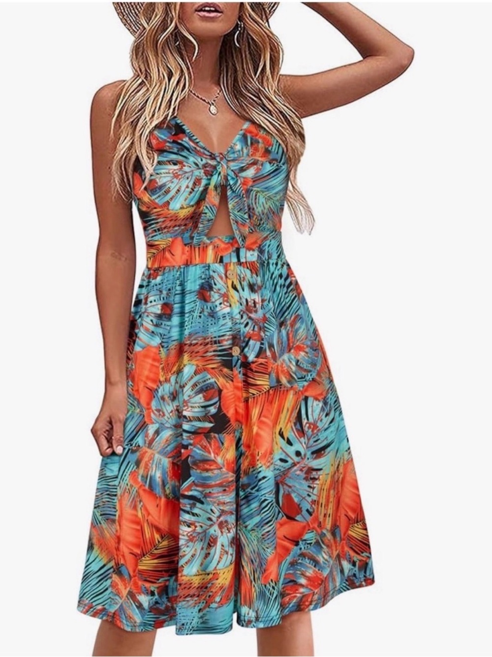 ePretty Tropical Tie-Front Midi Dress in Turquoise & Orange